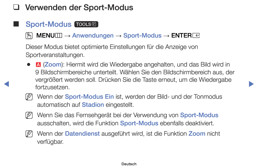 Samsung UE32K5100AWXXH manual Verwenden der Sport-Modus, Sport-Modus t, OO MENUm → Anwendungen → Sport-Modus → ENTERE 