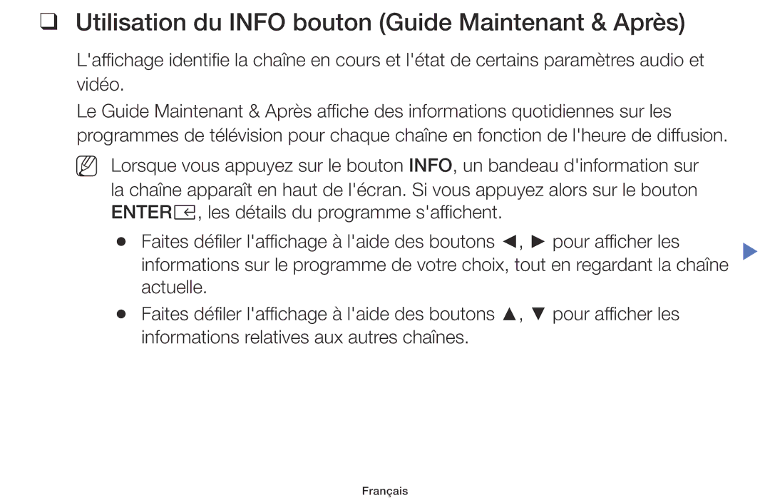 Samsung UE40K5100AWXZF, UE32K5100AWXZF manual Utilisation du Info bouton Guide Maintenant & Après 