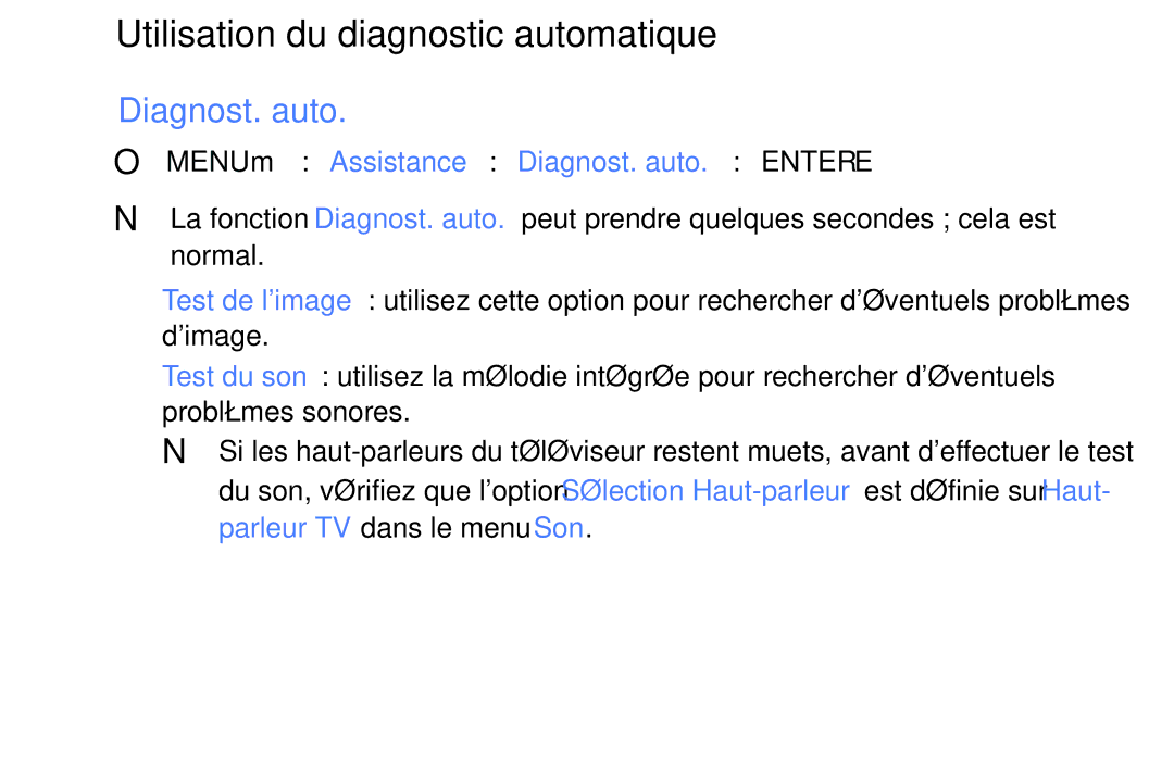 Samsung UE32K5100AWXZF, UE40K5100AWXZF Utilisation du diagnostic automatique, Diagnost. auto, Parleur TV dans le menu Son 