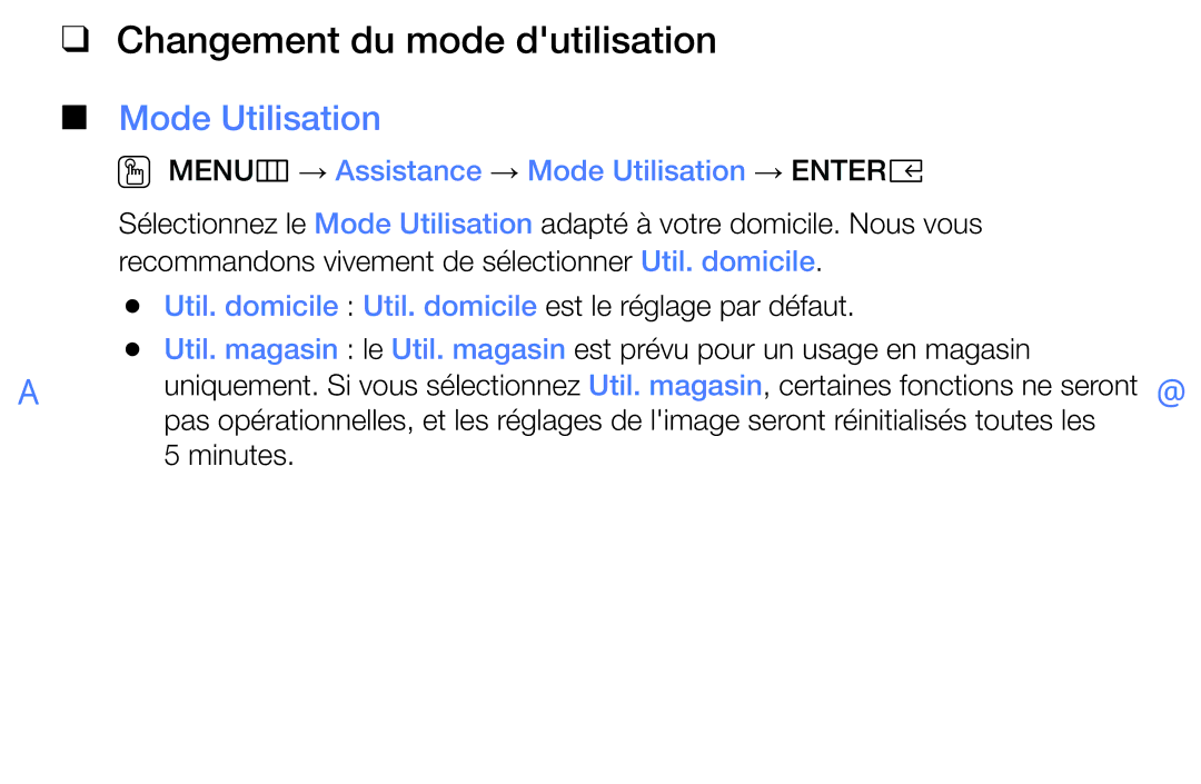 Samsung UE40K5100AWXZF, UE32K5100AWXZF manual Util. domicile Util. domicile est le réglage par défaut 