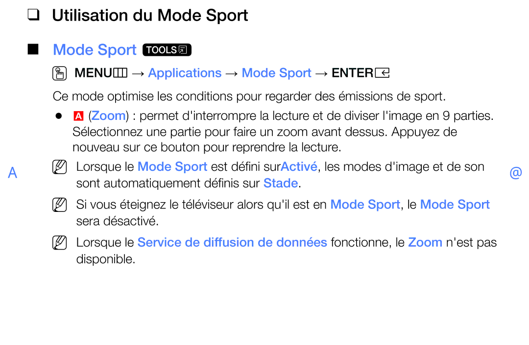 Samsung UE40K5100AWXZF manual Utilisation du Mode Sport, Mode Sport t, OO MENUm → Applications → Mode Sport → Entere 