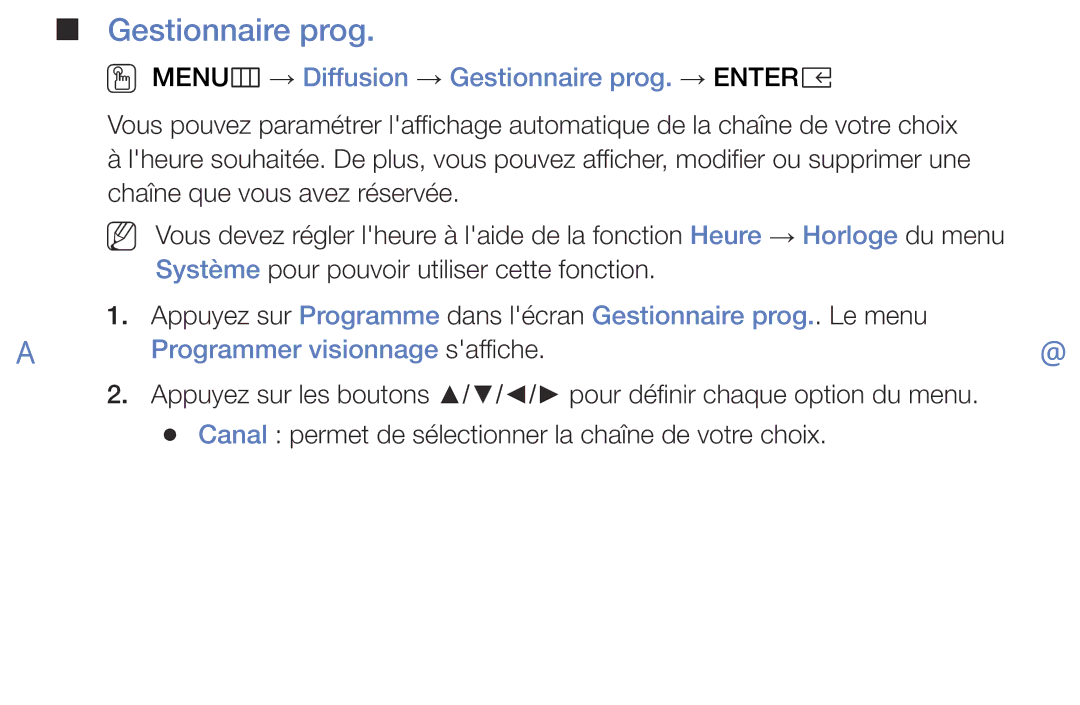 Samsung UE40K5100AWXZF manual OO MENUm → Diffusion → Gestionnaire prog. → Entere, Programmer visionnage saffiche 