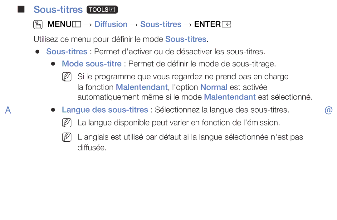 Samsung UE32K5100AWXZF, UE40K5100AWXZF manual Sous-titres t, OO MENUm → Diffusion → Sous-titres → Entere 