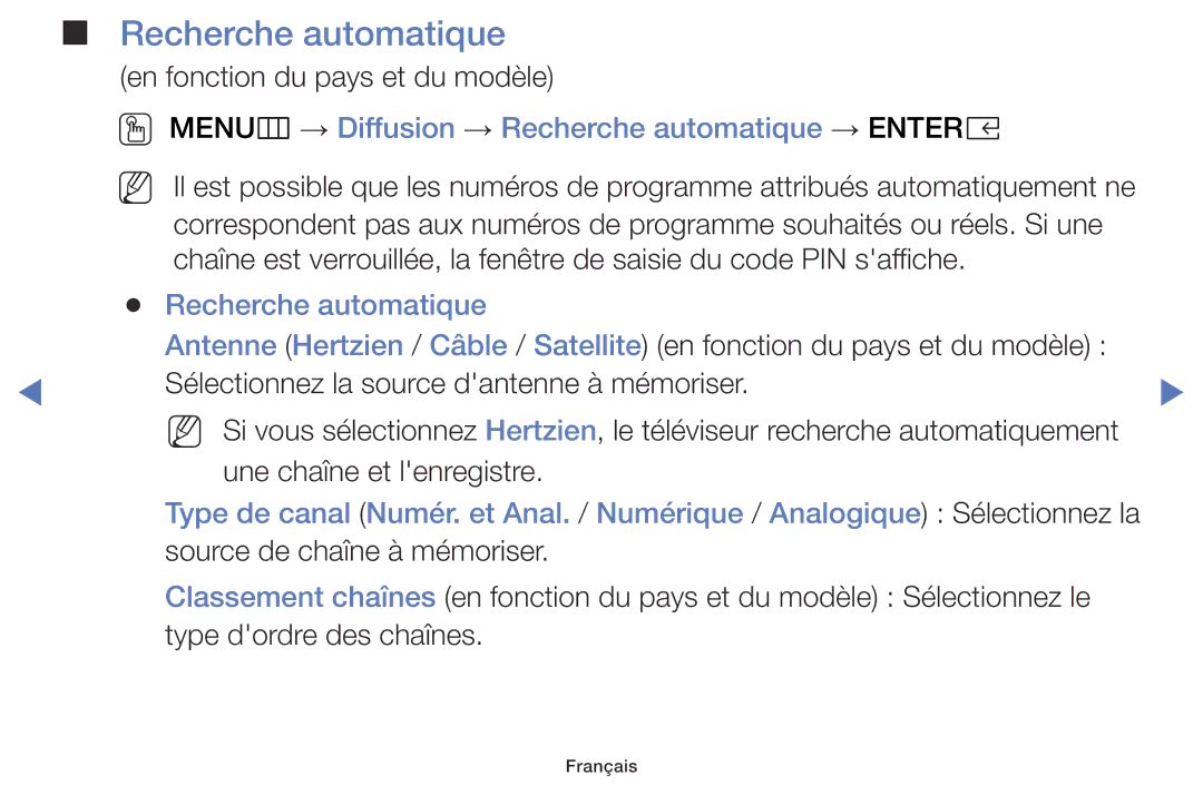 Samsung UE40K5100AWXZF, UE32K5100AWXZF manual OO MENUm → Diffusion → Recherche automatique → Entere 