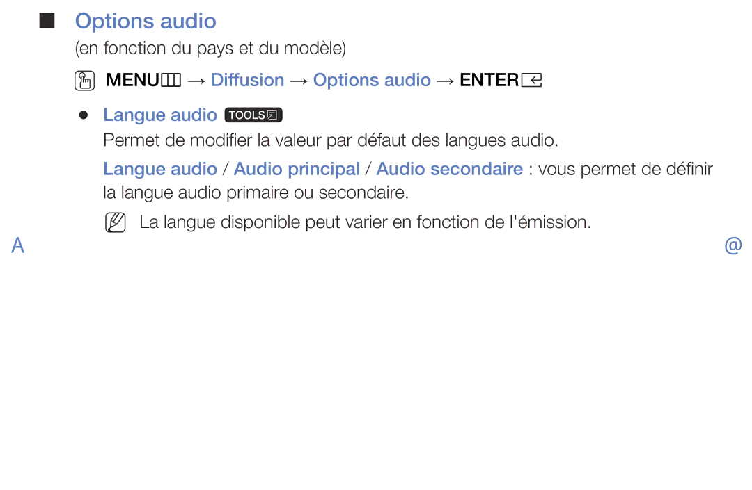 Samsung UE32K5100AWXZF, UE40K5100AWXZF manual OO MENUm → Diffusion → Options audio → Entere Langue audio t 