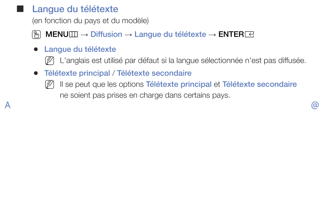 Samsung UE32K5100AWXZF OO MENUm → Diffusion → Langue du télétexte → Entere, Télétexte principal / Télétexte secondaire 