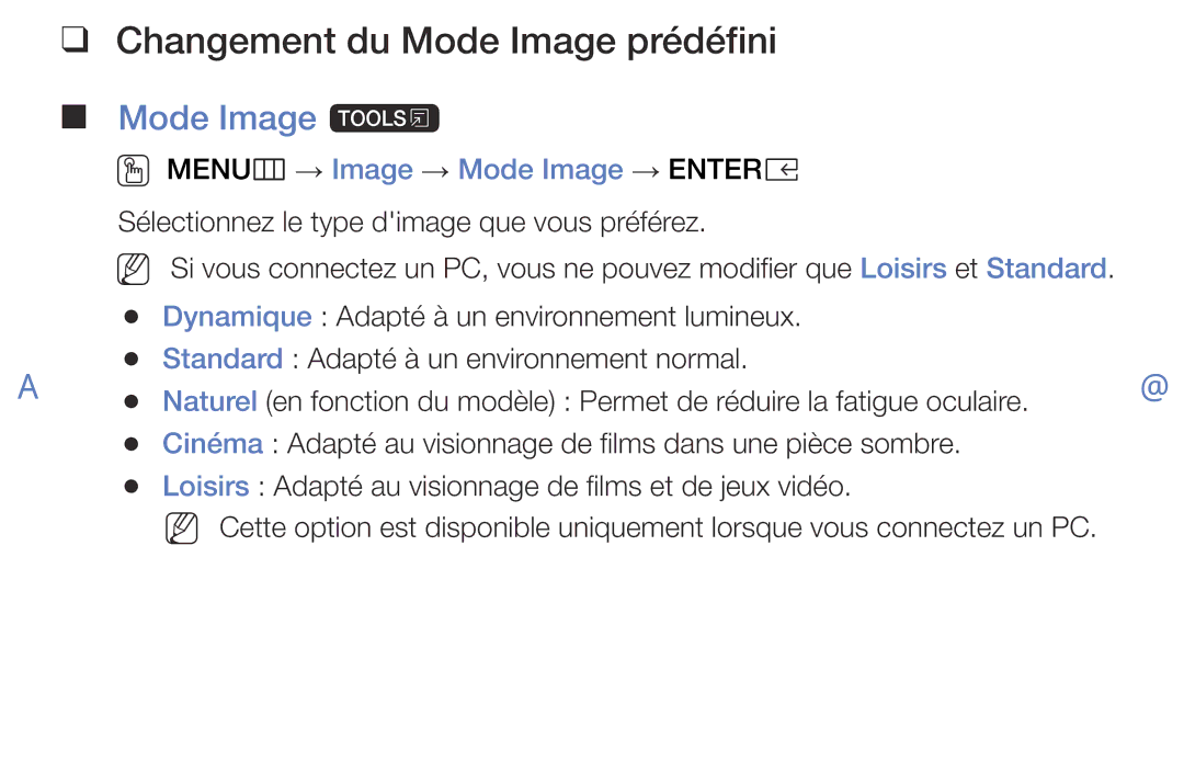 Samsung UE32K5100AWXZF manual Changement du Mode Image prédéfini, Mode Image t, OO MENUm → Image → Mode Image → Entere 