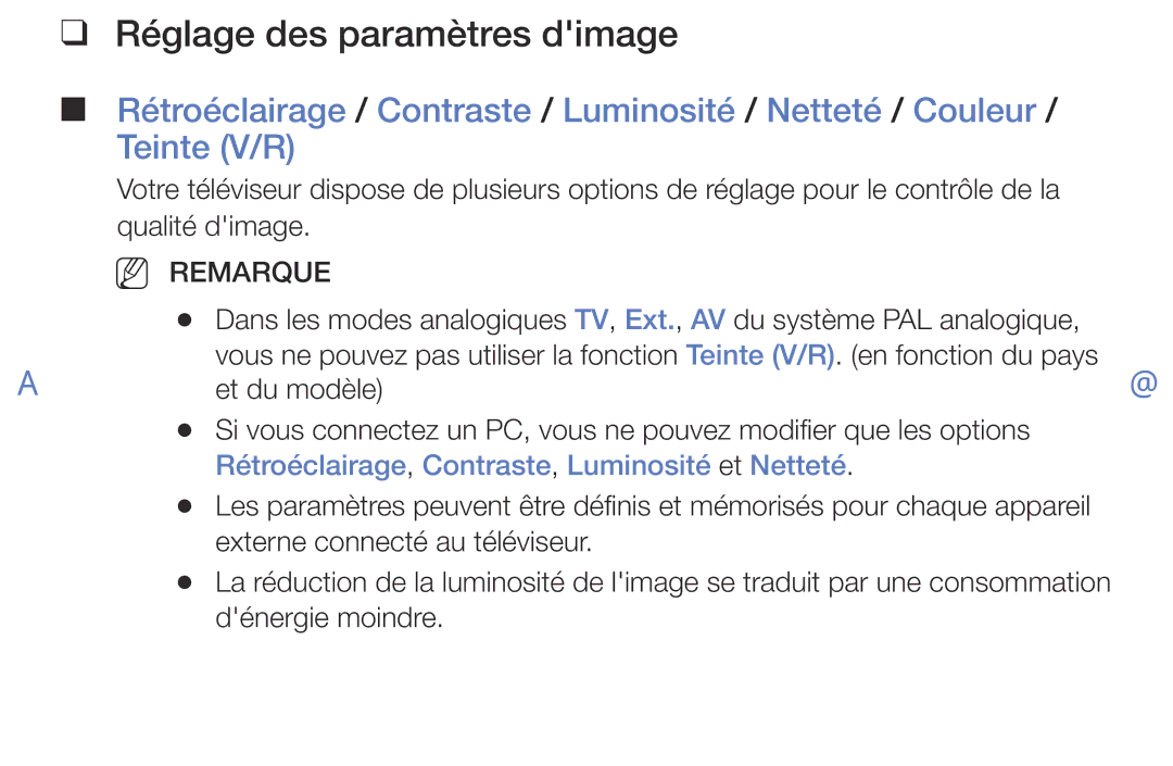 Samsung UE40K5100AWXZF, UE32K5100AWXZF Réglage des paramètres dimage, Rétroéclairage, Contraste, Luminosité et Netteté 