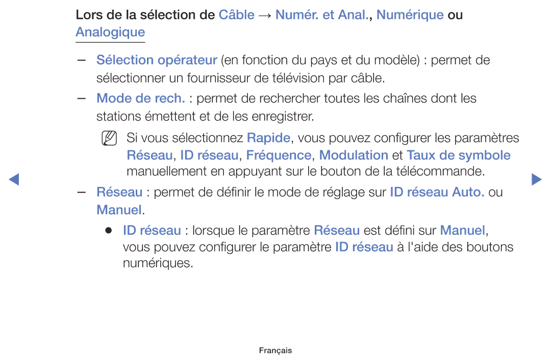 Samsung UE32K5100AWXZF, UE40K5100AWXZF manual Réseau, ID réseau, Fréquence, Modulation et Taux de symbole, Manuel 