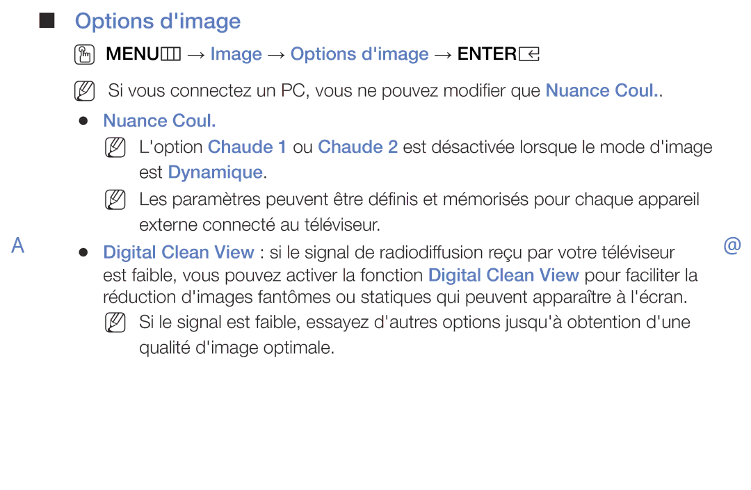 Samsung UE40K5100AWXZF, UE32K5100AWXZF manual OO MENUm → Image → Options dimage → Entere, Nuance Coul, Est Dynamique 