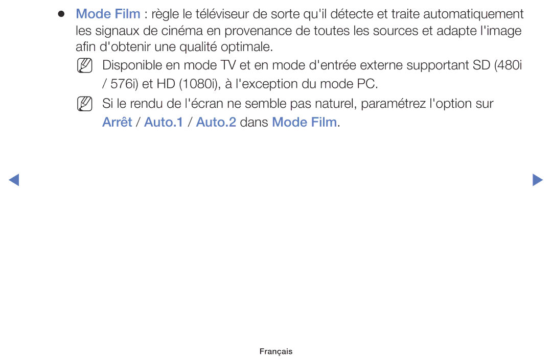 Samsung UE40K5100AWXZF, UE32K5100AWXZF manual Arrêt / Auto.1 / Auto.2 dans Mode Film 