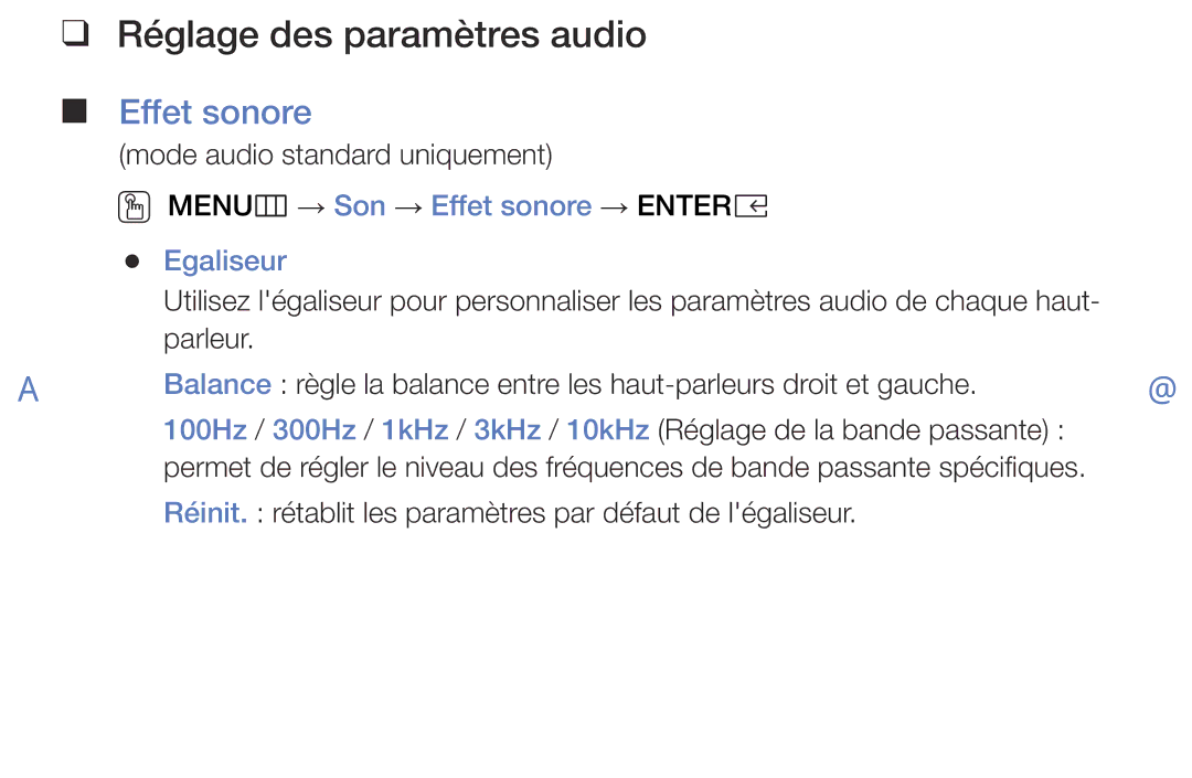 Samsung UE40K5100AWXZF, UE32K5100AWXZF Réglage des paramètres audio, OO MENUm → Son → Effet sonore → Entere Egaliseur 