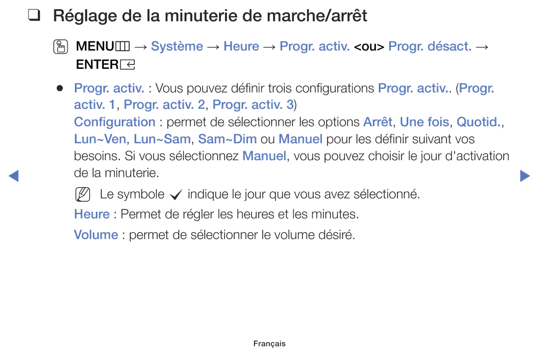 Samsung UE40K5100AWXZF, UE32K5100AWXZF manual Réglage de la minuterie de marche/arrêt, Activ , Progr. activ , Progr. activ 