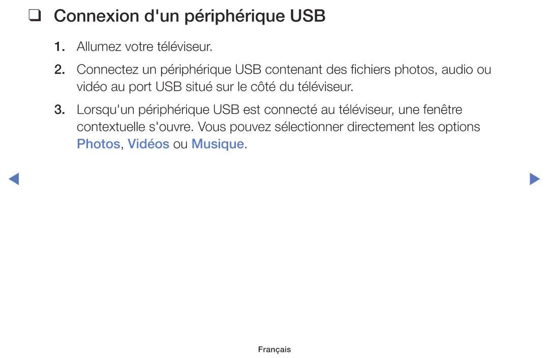 Samsung UE40K5100AWXZF, UE32K5100AWXZF manual Connexion dun périphérique USB 