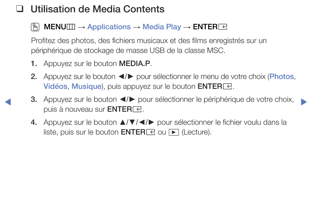 Samsung UE40K5100AWXZF, UE32K5100AWXZF manual Utilisation de Media Contents 