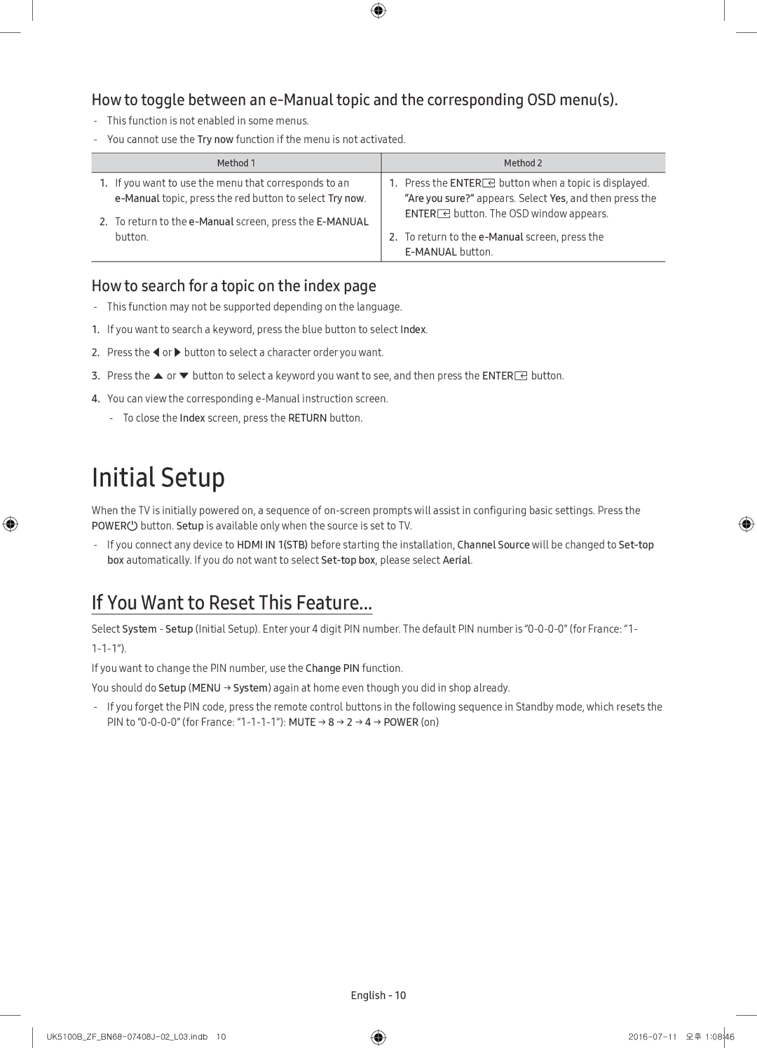 Samsung UE32K5100AWXZF manual Initial Setup, If You Want to Reset This Feature, How to search for a topic on the index 