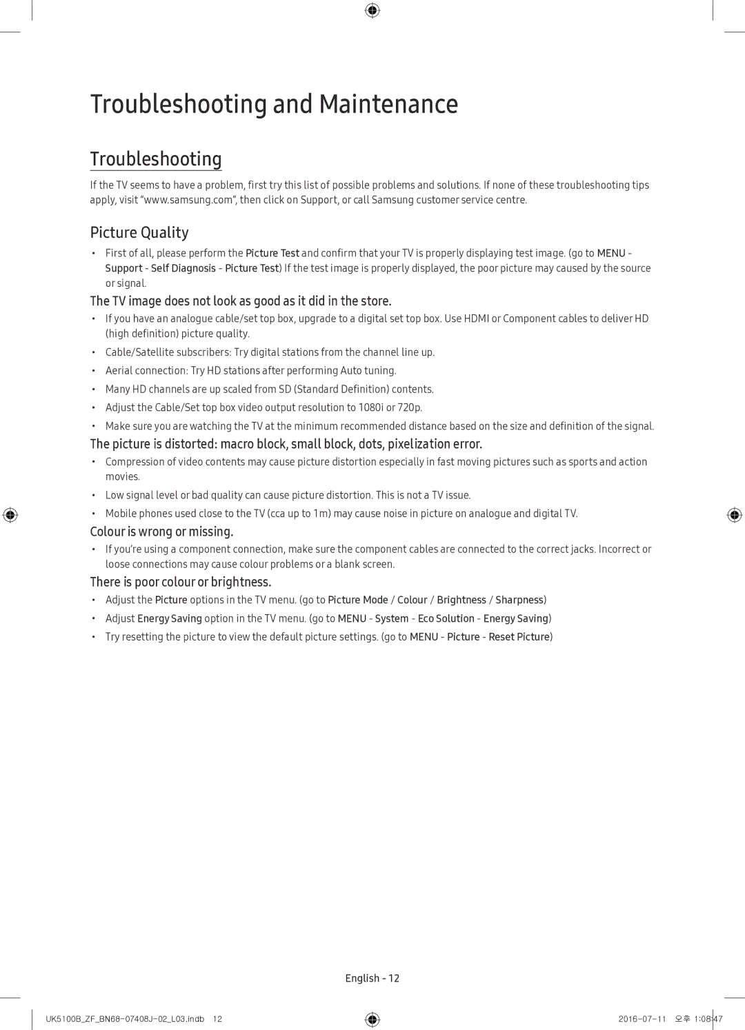 Samsung UE32K5100AWXZF manual Troubleshooting and Maintenance, Picture Quality 