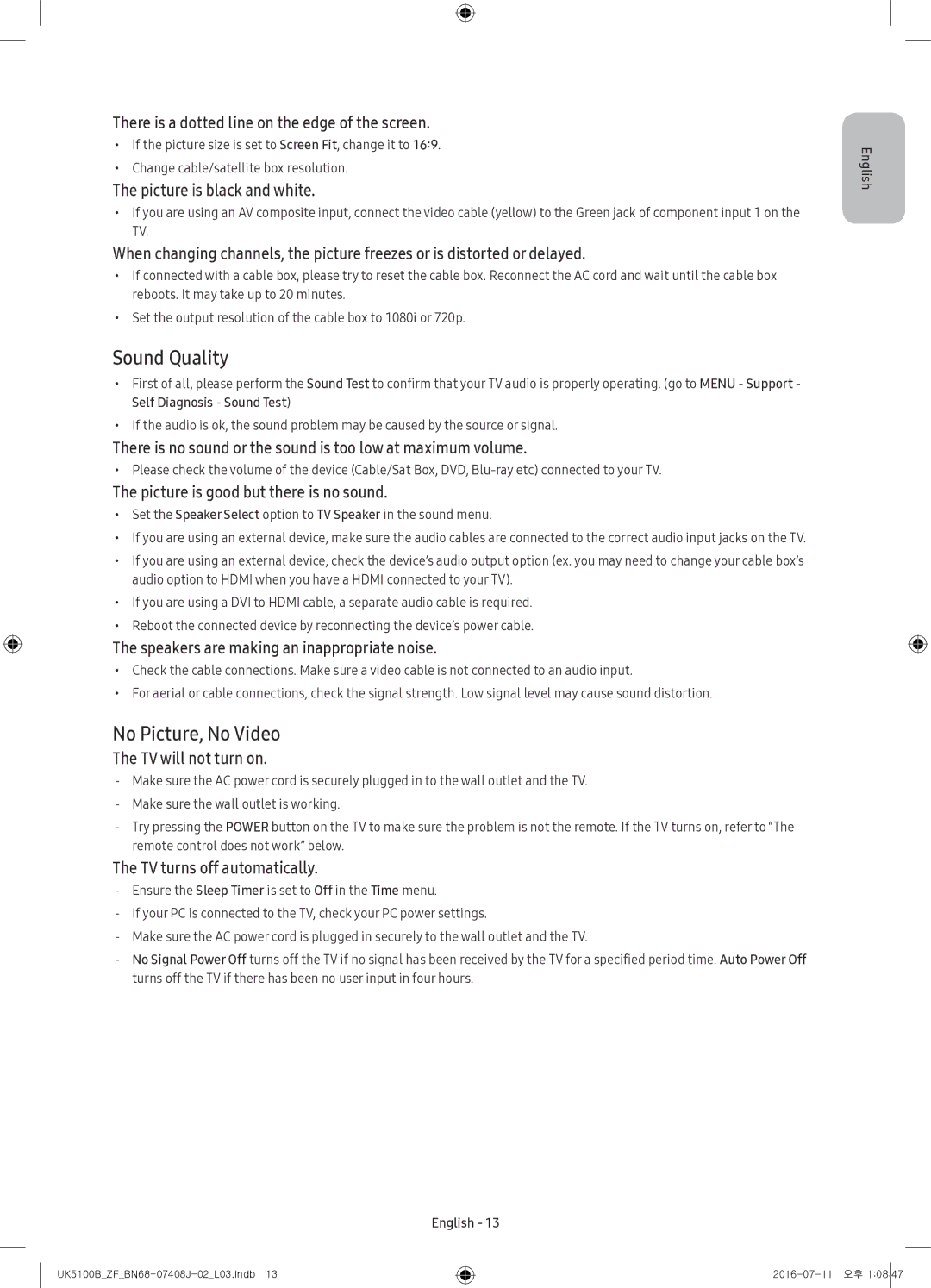 Samsung UE32K5100AWXZF manual Sound Quality, No Picture, No Video 