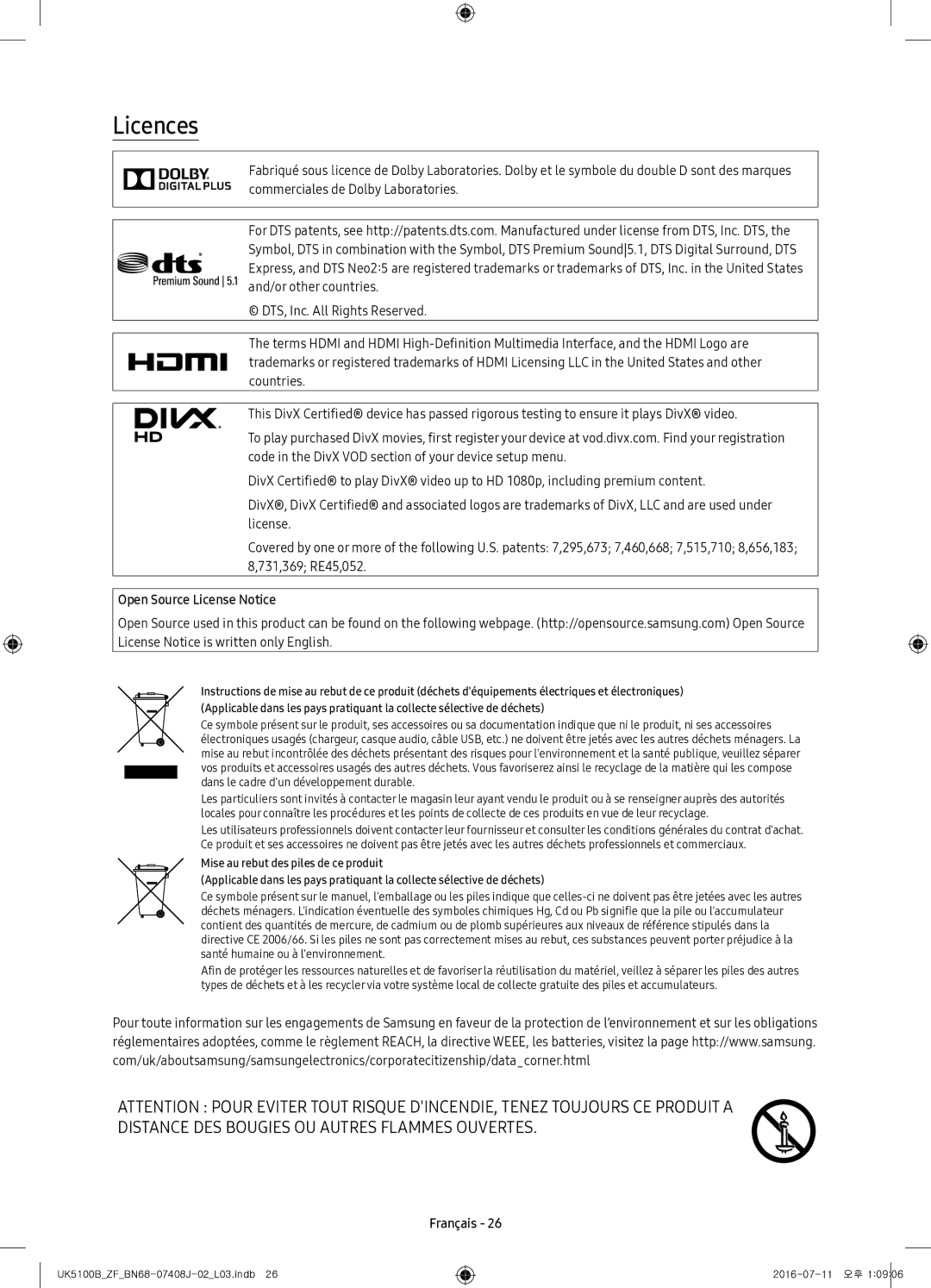 Samsung UE32K5100AWXZF manual Licences 