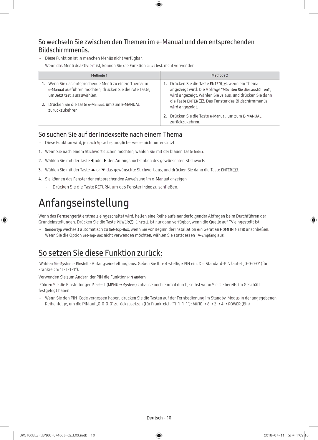 Samsung UE32K5100AWXZF manual Anfangseinstellung, So setzen Sie diese Funktion zurück 