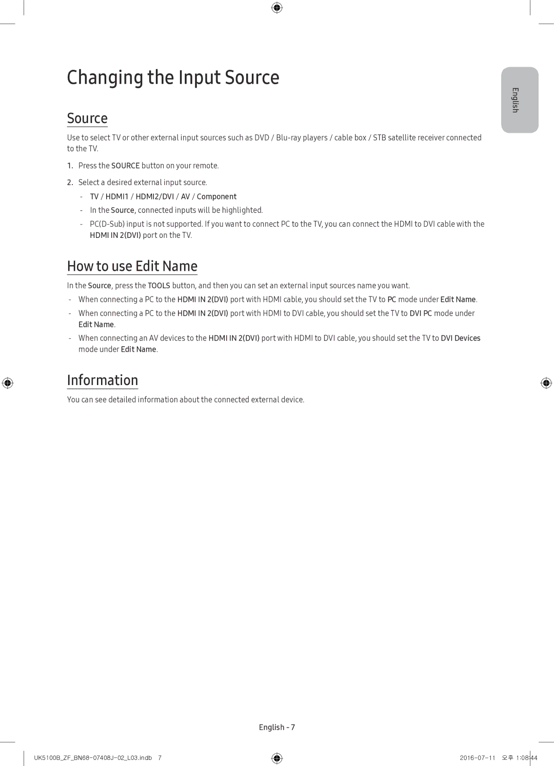 Samsung UE32K5100AWXZF manual Changing the Input Source, How to use Edit Name, Information 