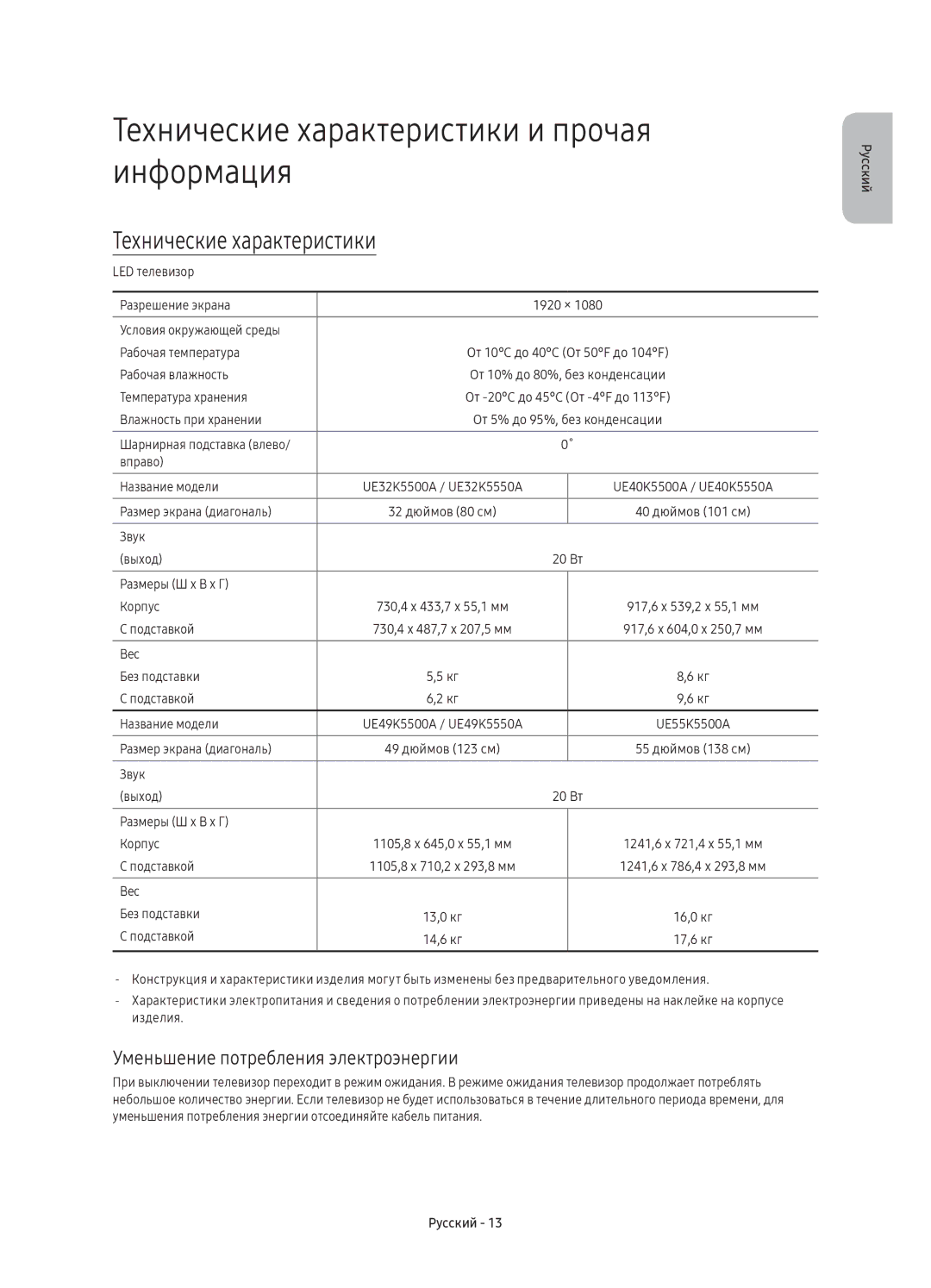 Samsung UE55K5500AUXRU manual Технические характеристики и прочая информация, Уменьшение потребления электроэнергии 