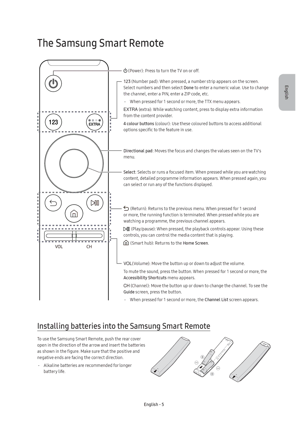 Samsung UE32K5500AUXRU, UE40K5500AUXRU, UE32K5550AUXRU manual Installing batteries into the Samsung Smart Remote 