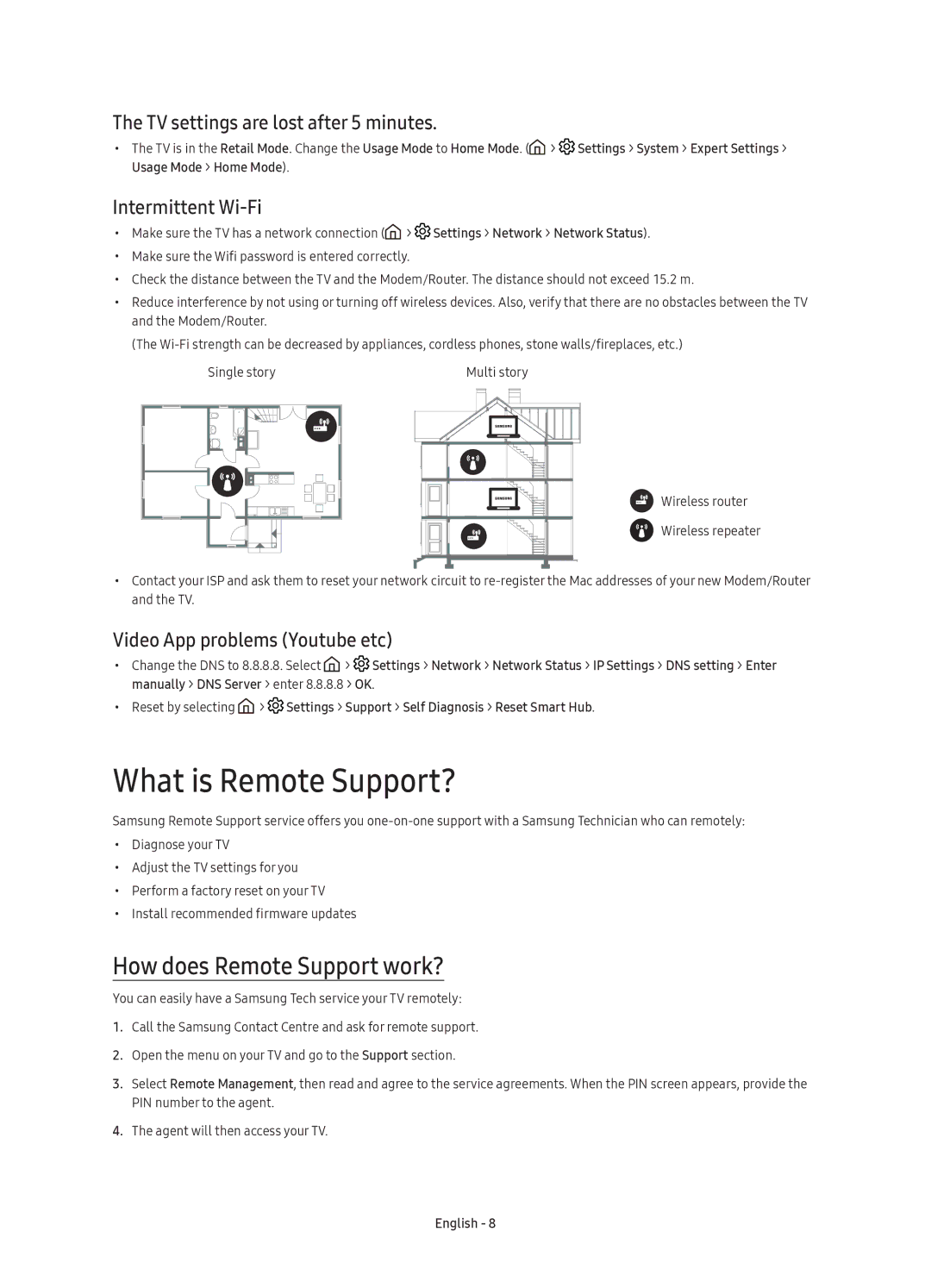 Samsung UE49K5550AUXRU manual What is Remote Support?, How does Remote Support work?, TV settings are lost after 5 minutes 