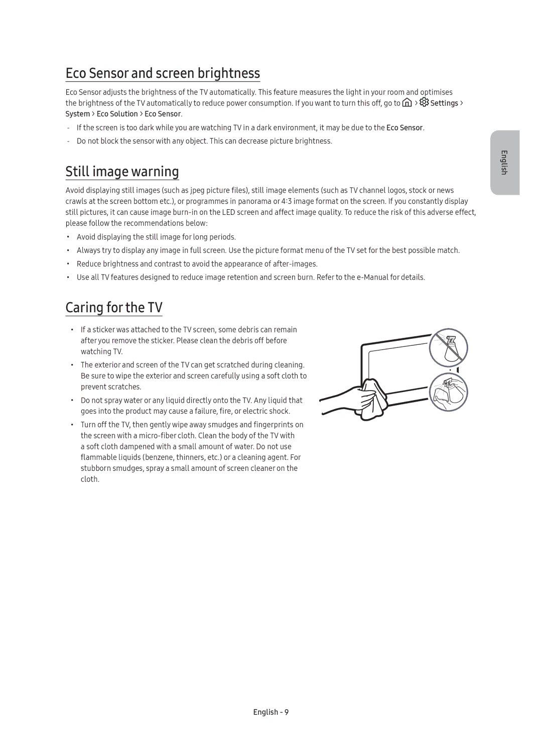 Samsung UE49K5500AUXRU manual Eco Sensor and screen brightness, Still image warning, Caring for the TV, Prevent scratches 