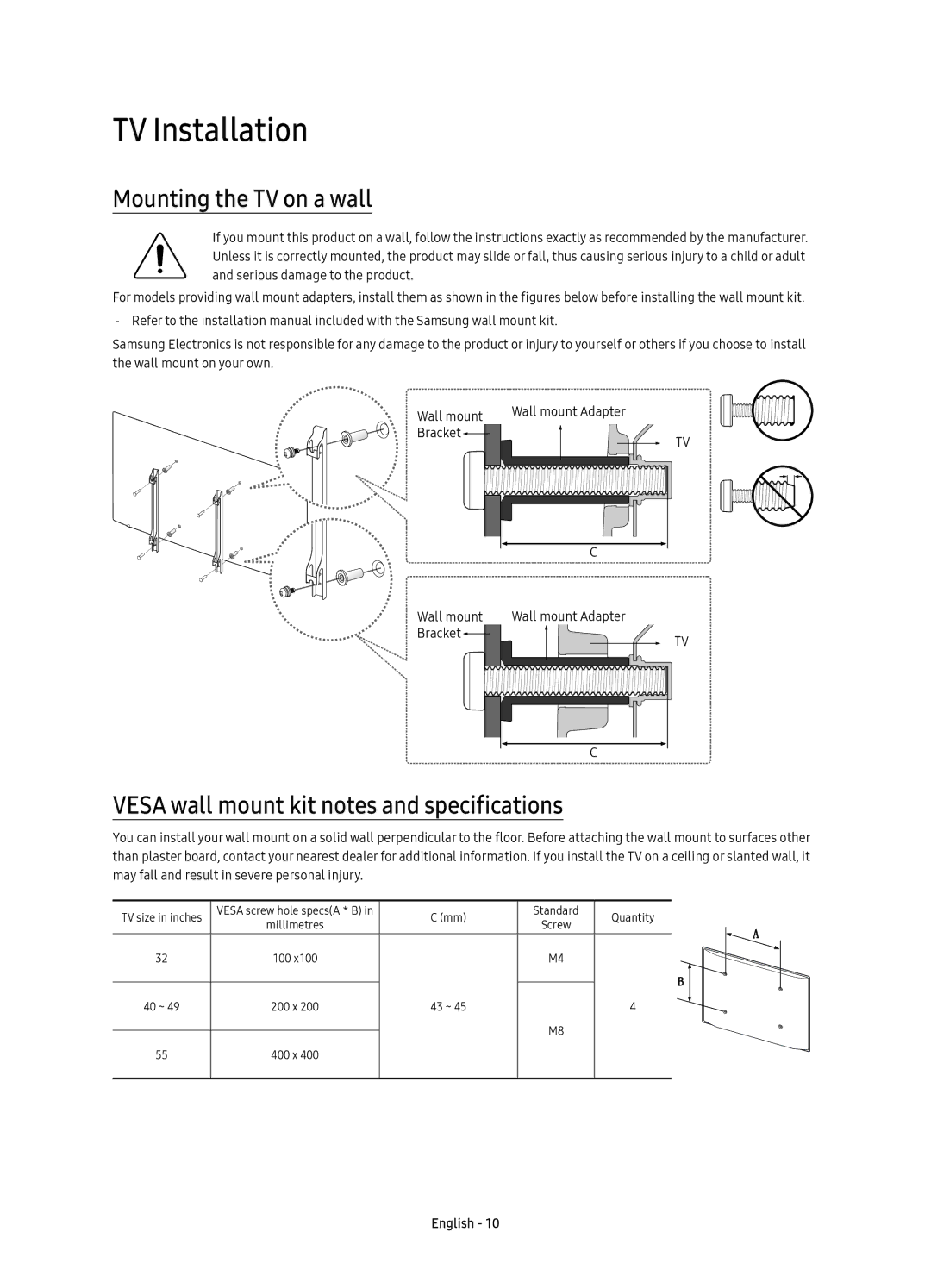 Samsung UE40K5550AUXRU manual TV Installation, Mounting the TV on a wall, Vesa wall mount kit notes and specifications 