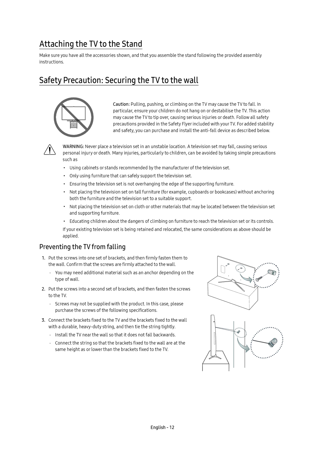 Samsung UE32K5500AUXRU, UE40K5500AUXRU manual Attaching the TV to the Stand, Safety Precaution Securing the TV to the wall 