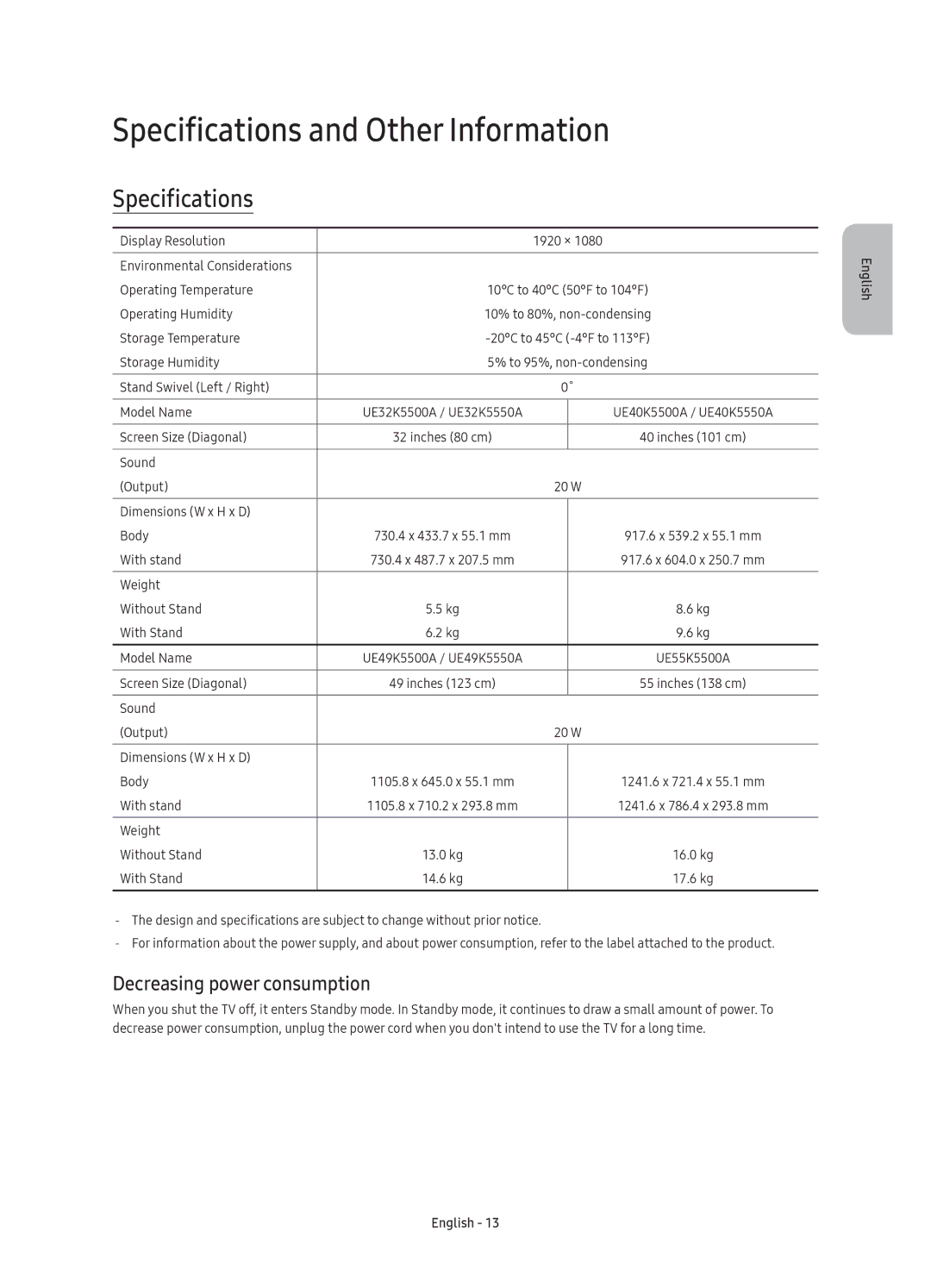 Samsung UE40K5500AUXRU, UE32K5500AUXRU, UE32K5550AUXRU Specifications and Other Information, Decreasing power consumption 