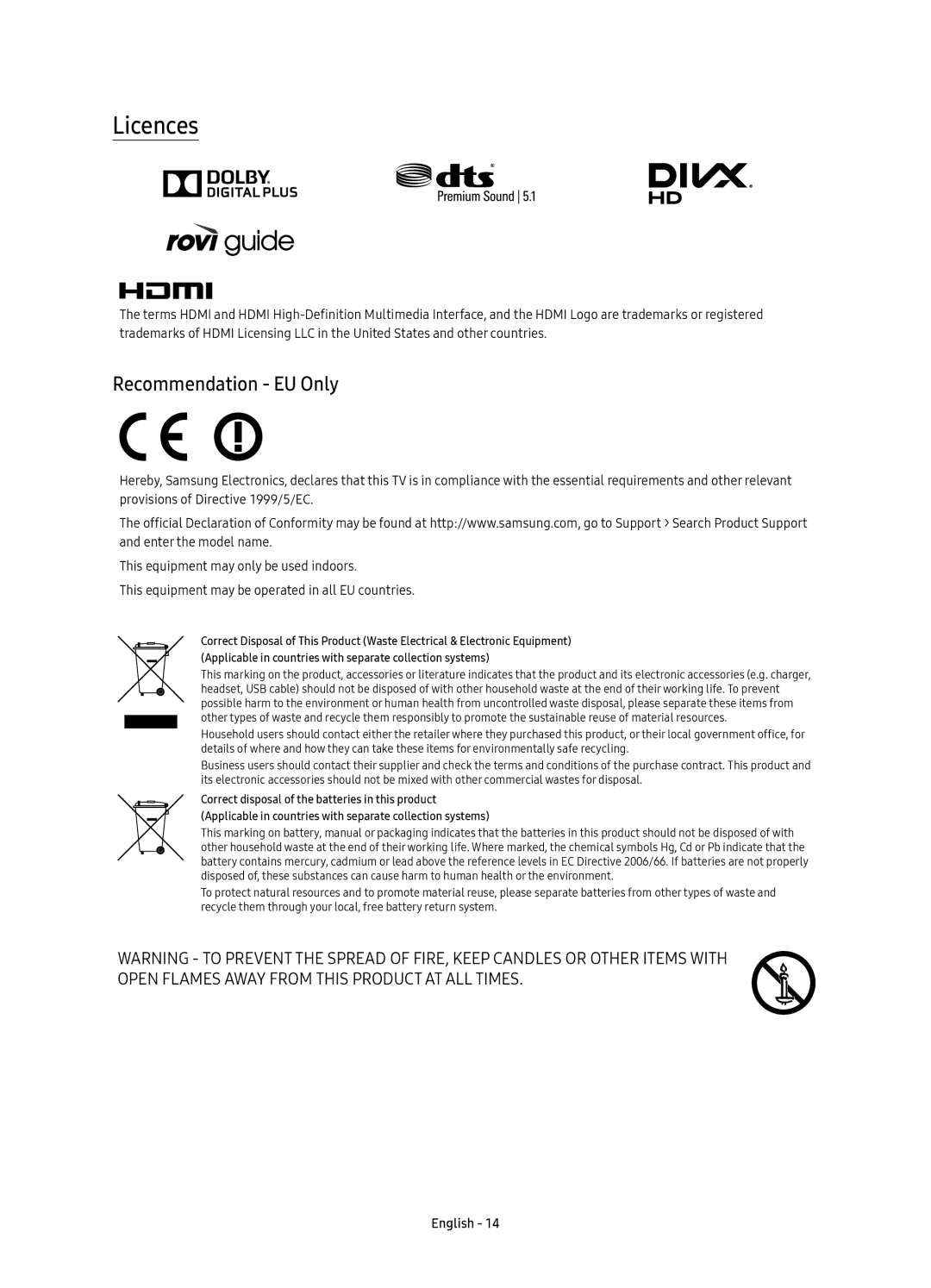 Samsung UE32K5550AUXRU, UE32K5500AUXRU, UE40K5500AUXRU, UE49K5550AUXRU, UE49K5500AUXRU manual Licences, Recommendation EU Only 