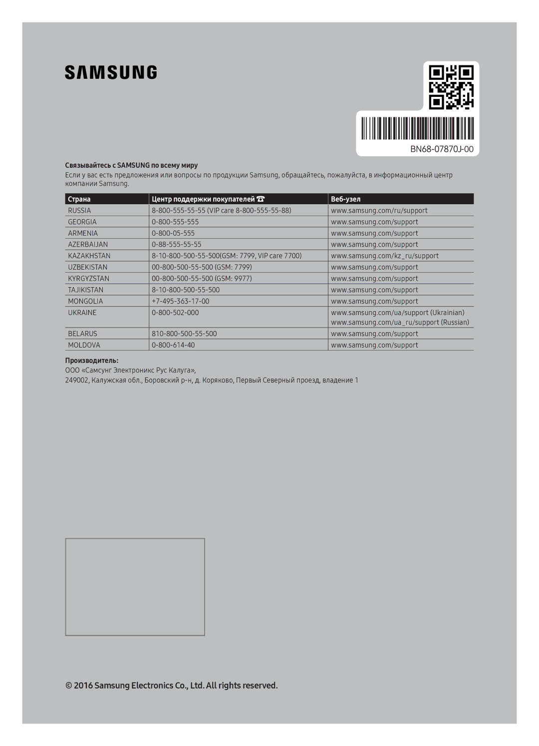 Samsung UE49K5500AUXRU, UE32K5500AUXRU, UE40K5500AUXRU, UE32K5550AUXRU manual Страна Центр поддержки покупателей Веб-узел 