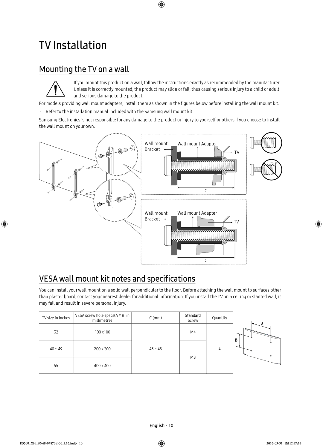 Samsung UE55K5500AWXXN manual TV Installation, Mounting the TV on a wall, Vesa wall mount kit notes and specifications 