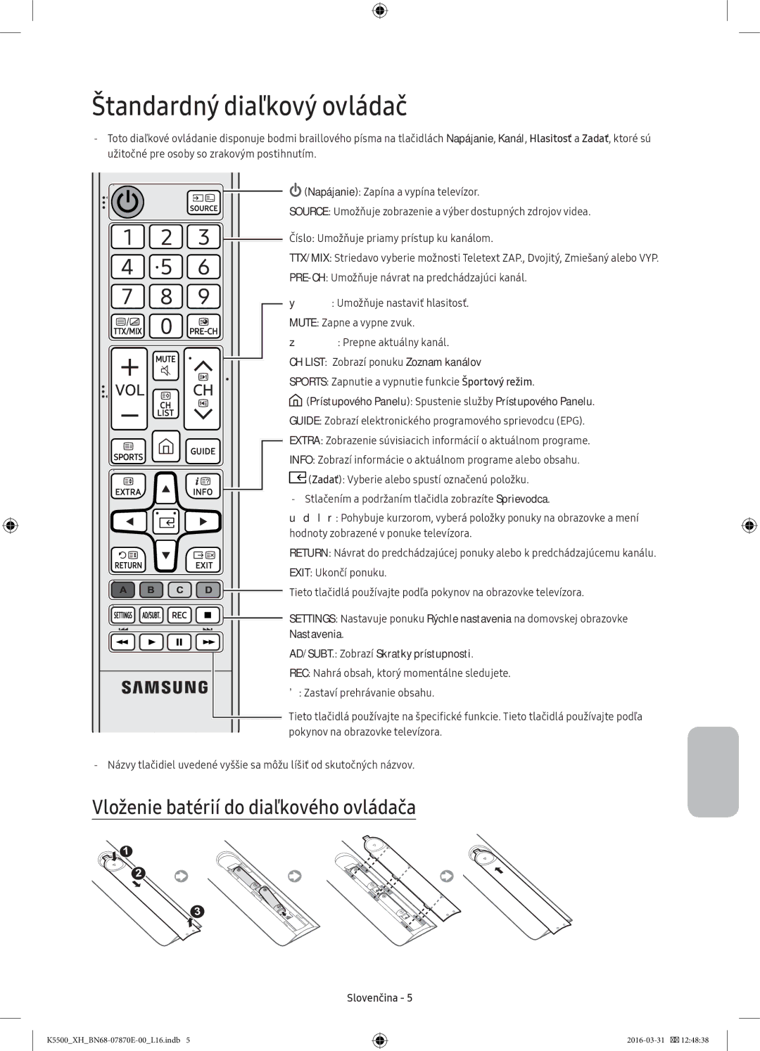 Samsung UE40K5582SUXXH, UE32K5572SUXXH, UE49K5510AWXXH Štandardný diaľkový ovládač, Vloženie batérií do diaľkového ovládača 