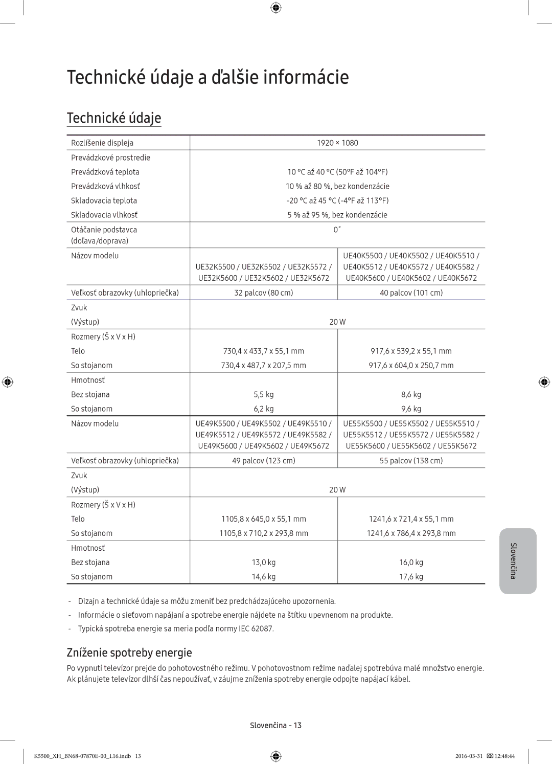 Samsung UE55K5510AWXXH, UE32K5572SUXXH, UE49K5510AWXXH manual Technické údaje a ďalšie informácie, Zníženie spotreby energie 