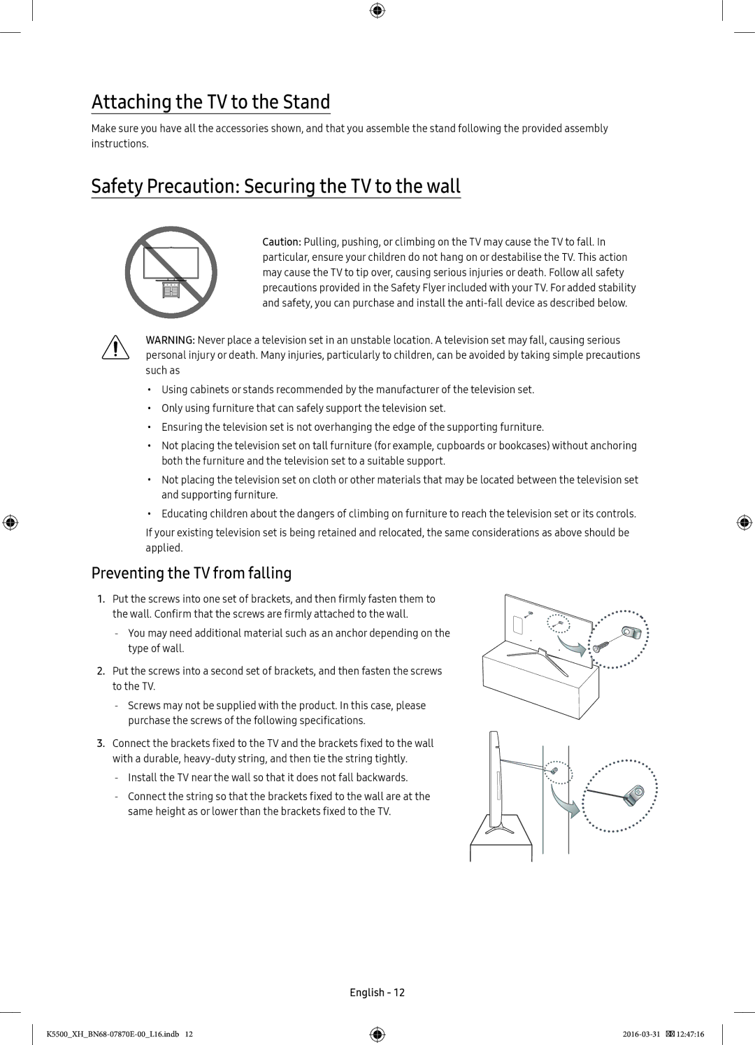 Samsung UE40K5672SUXXH, UE32K5572SUXXH manual Attaching the TV to the Stand, Safety Precaution Securing the TV to the wall 