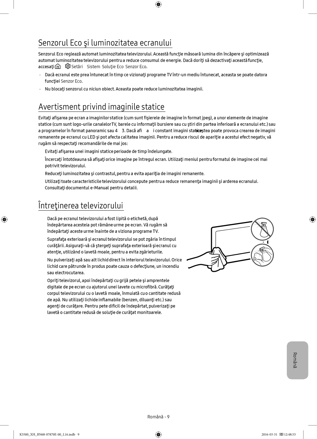 Samsung UE49K5510AWXXN, UE32K5572SUXXH manual Senzorul Eco şi luminozitatea ecranului, Avertisment privind imaginile statice 