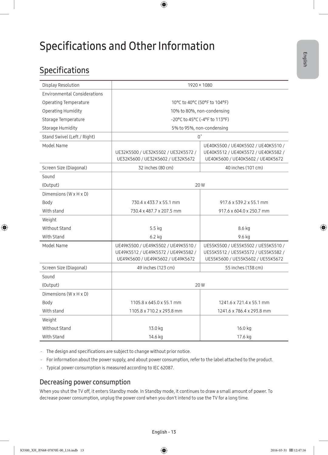 Samsung UE49K5672SUXXH, UE32K5572SUXXH, UE49K5510AWXXH Specifications and Other Information, Decreasing power consumption 