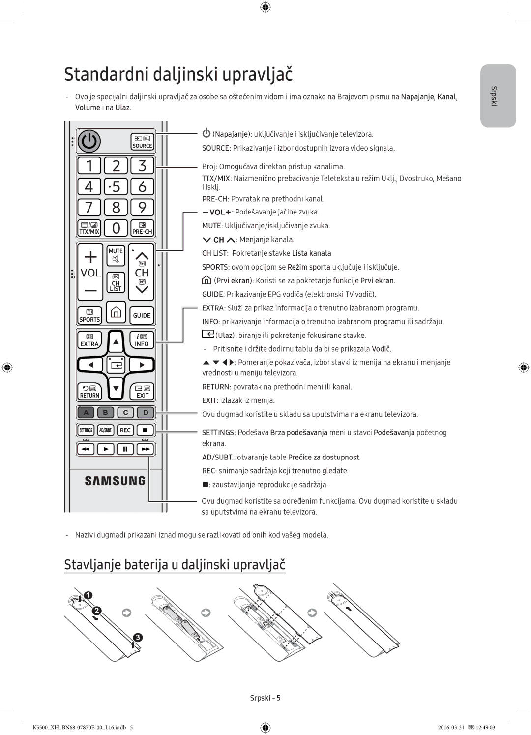 Samsung UE40K5500AWXXH, UE32K5572SUXXH manual Standardni daljinski upravljač, Stavljanje baterija u daljinski upravljač 