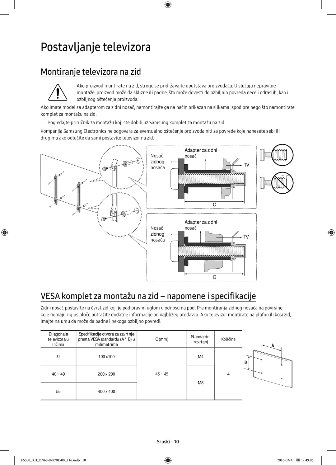 Samsung UE55K5500AWXXN manual Montiranje televizora na zid, Vesa komplet za montažu na zid napomene i specifikacije 