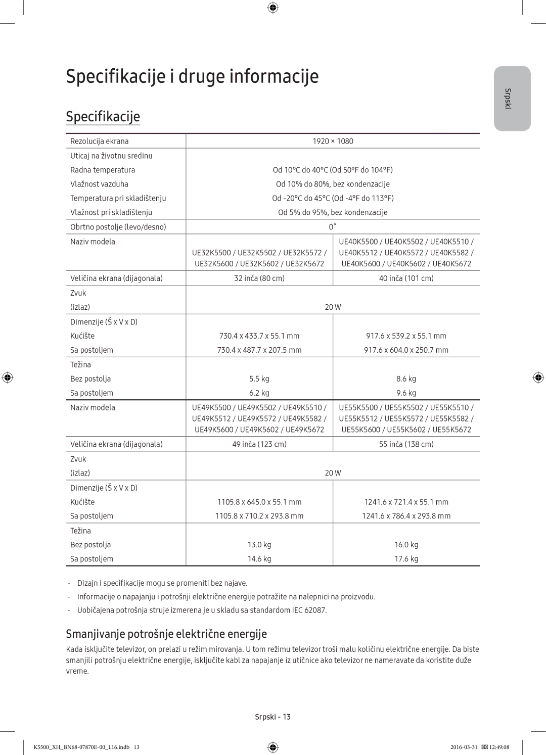 Samsung UE49K5672SUXXH, UE32K5572SUXXH manual Specifikacije i druge informacije, Smanjivanje potrošnje električne energije 