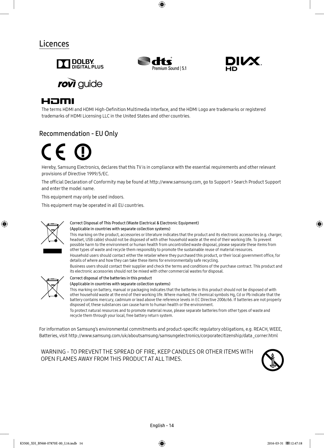 Samsung UE55K5600AWXXN, UE32K5572SUXXH, UE49K5510AWXXH, UE55K5500AWXXH, UE55K5600AWXXH manual Licences, Recommendation EU Only 