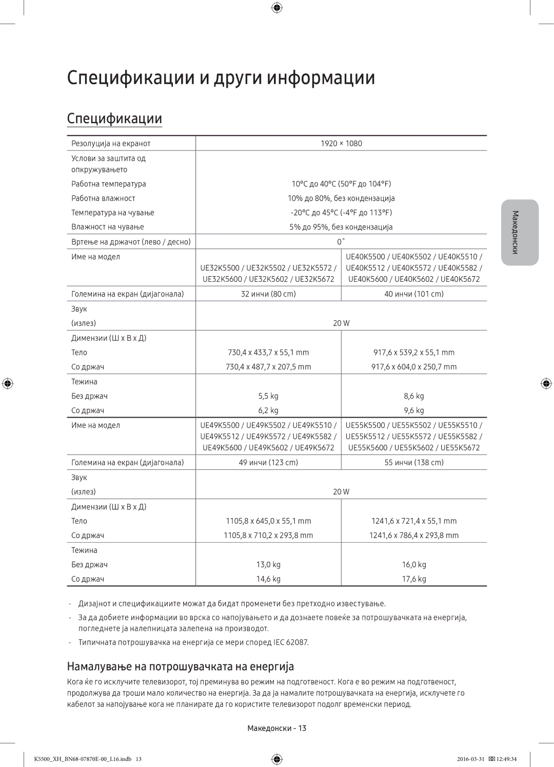 Samsung UE40K5600AWXXN, UE32K5572SUXXH manual Спецификации и други информации, Намалување на потрошувачката на енергија 