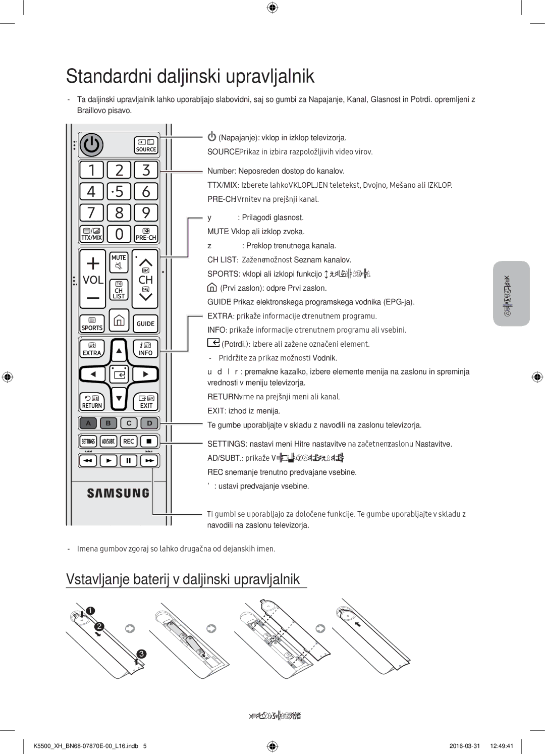 Samsung UE40K5500AWXXH, UE32K5572SUXXH Standardni daljinski upravljalnik, Vstavljanje baterij v daljinski upravljalnik 