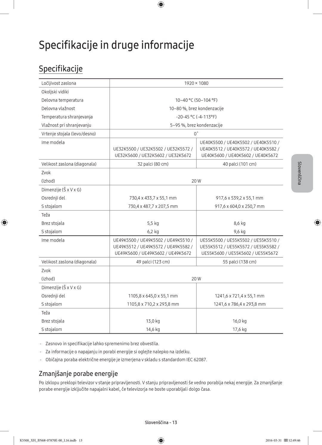 Samsung UE49K5672SUXXH, UE32K5572SUXXH, UE49K5510AWXXH manual Specifikacije in druge informacije, Zmanjšanje porabe energije 