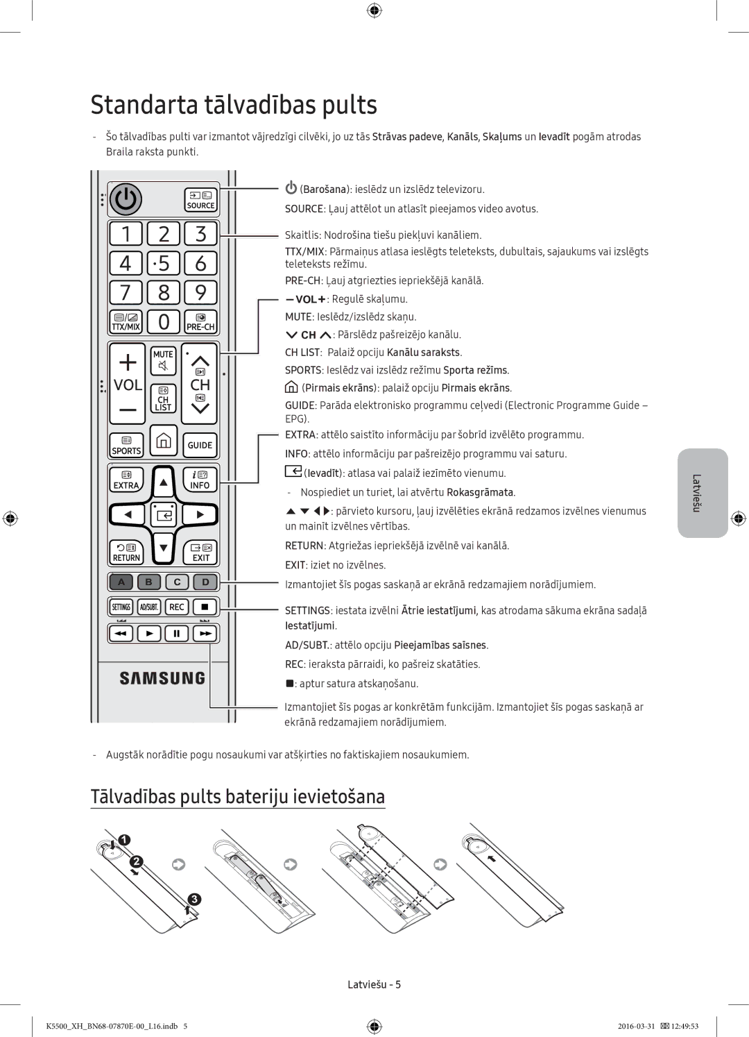 Samsung UE40K5582SUXXH, UE32K5572SUXXH, UE49K5510AWXXH Standarta tālvadības pults, Tālvadības pults bateriju ievietošana 