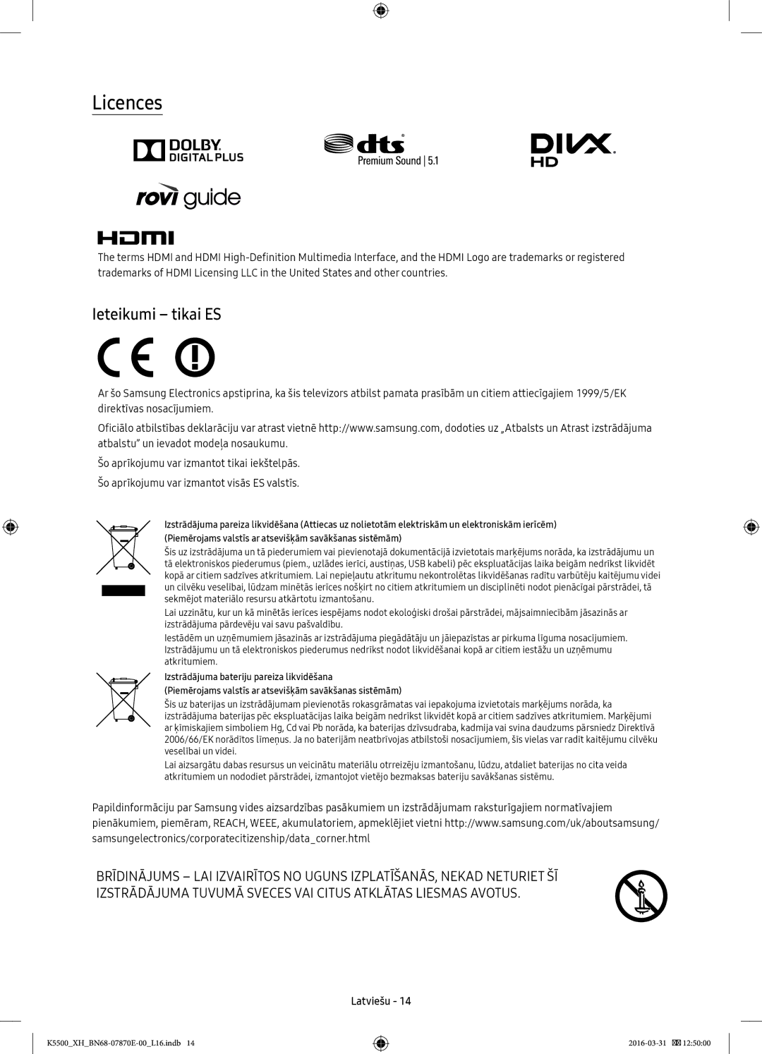 Samsung UE32K5600AWXXH, UE32K5572SUXXH, UE49K5510AWXXH, UE55K5500AWXXH, UE55K5600AWXXH manual Licences, Ieteikumi tikai ES 