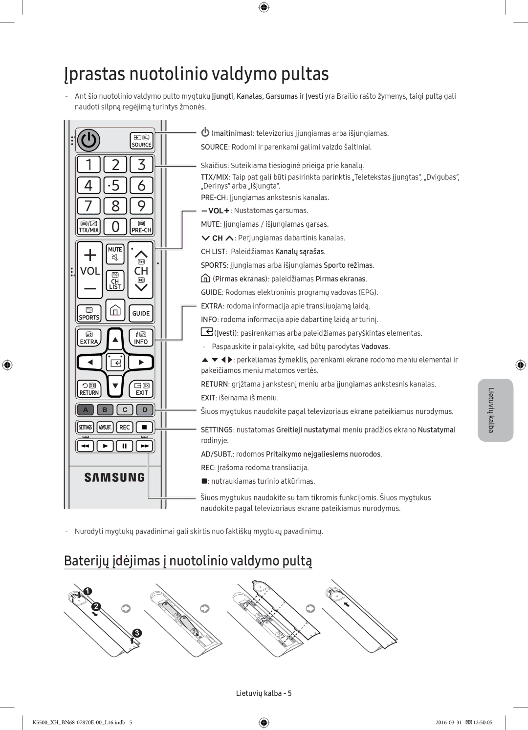 Samsung UE40K5600AWXXH, UE32K5572SUXXH Įprastas nuotolinio valdymo pultas, Baterijų įdėjimas į nuotolinio valdymo pultą 